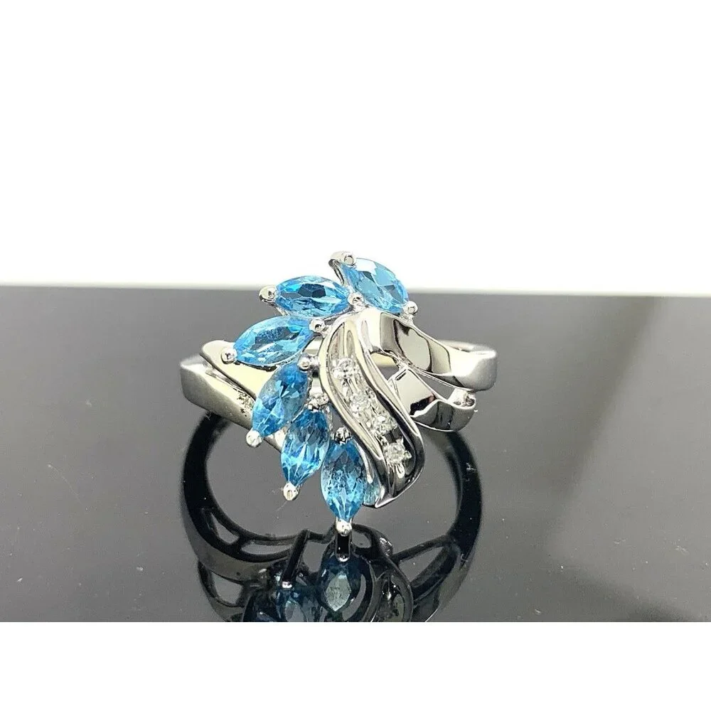 Blue Gemstone Diamond Cocktail Ring 10k White Gold Estate Jewelry Women's Size 7